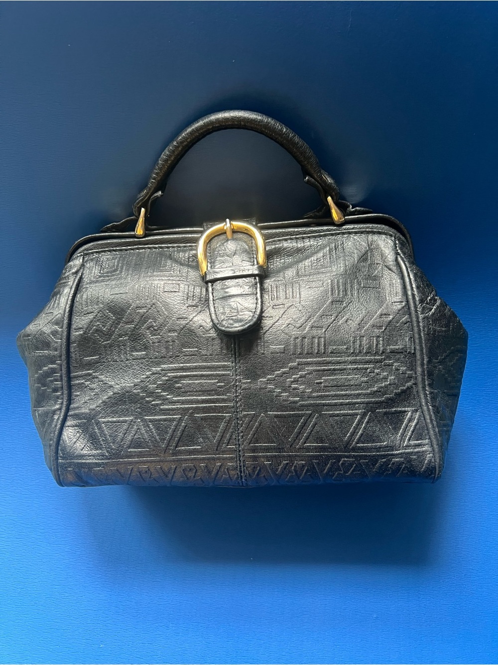 Black Embossed Leather Top-Handle Bag with Gold Buckle